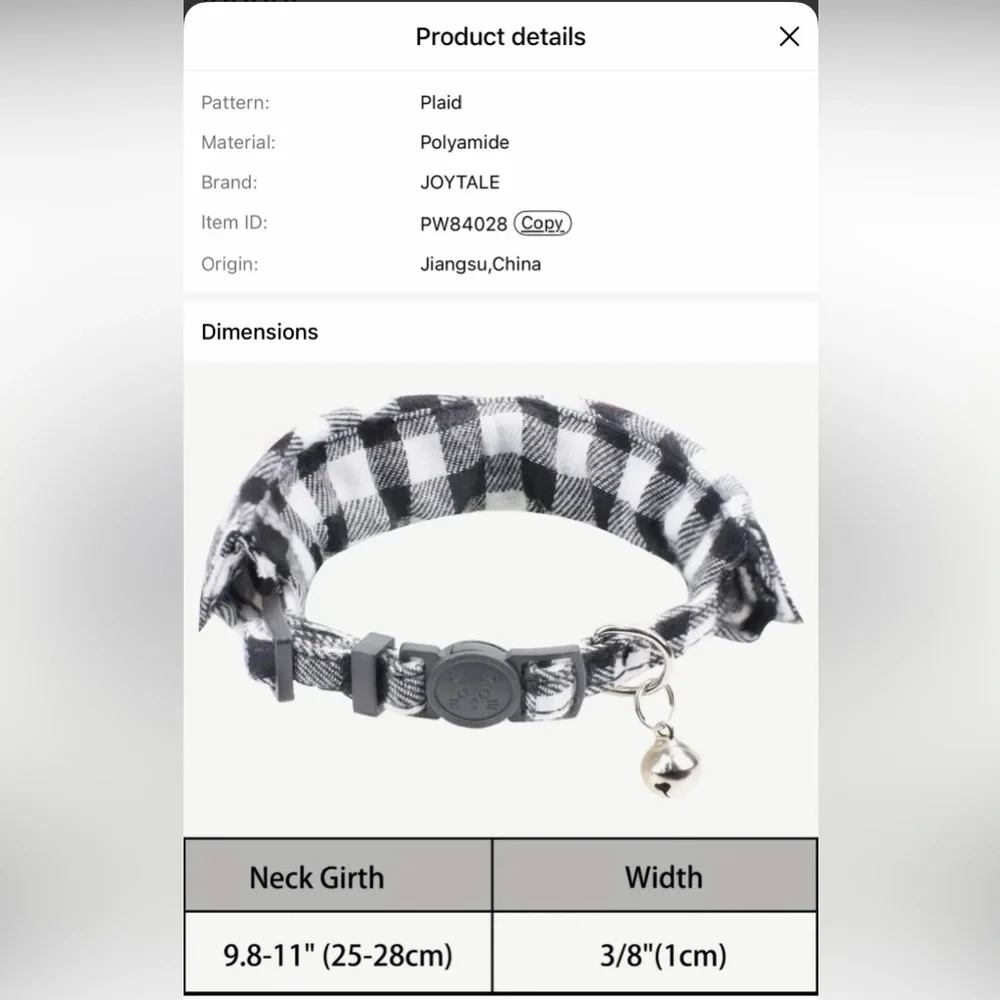Pink Plaid Pet Cat Collar with Bell